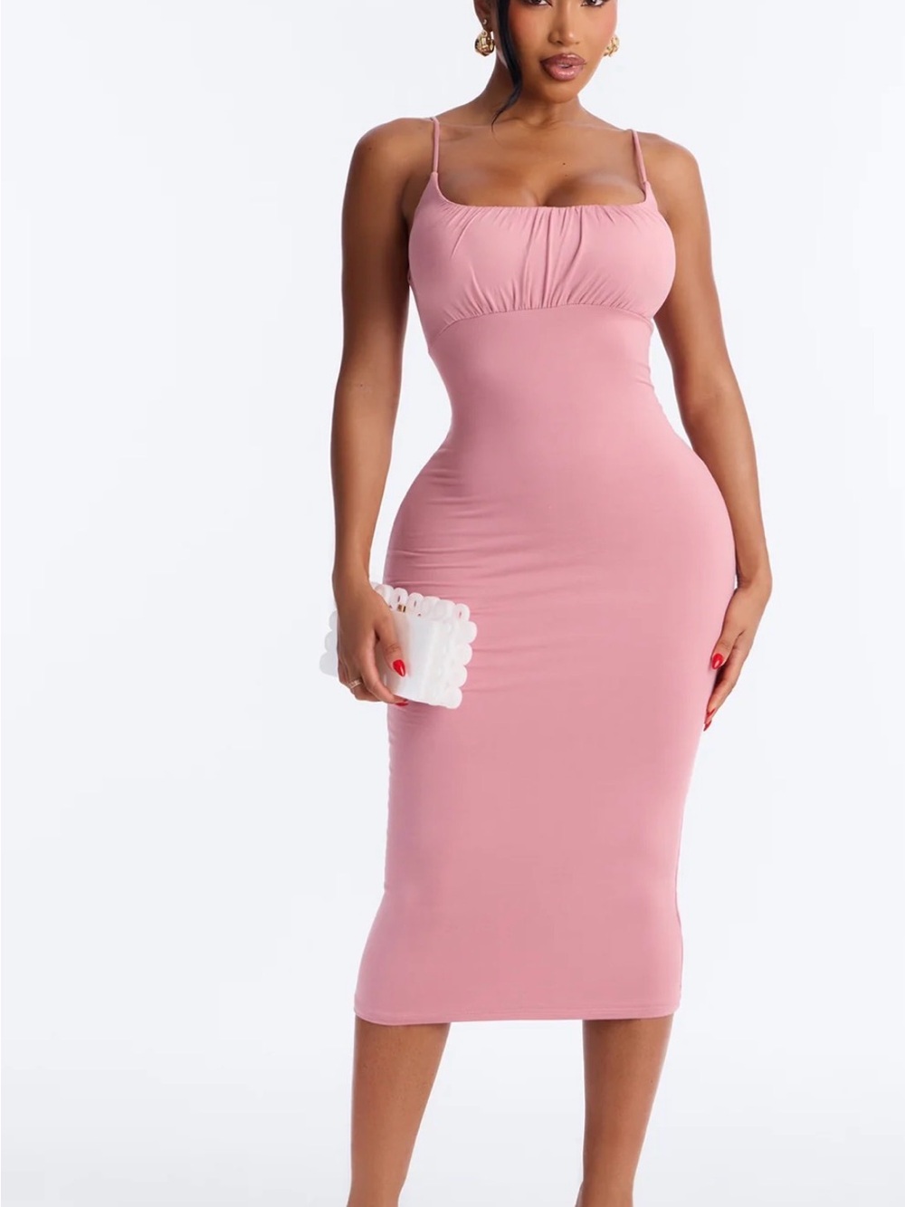 Elegant Pink Bodycon Midi Dress with Spaghetti Straps - Picture 1 of 2